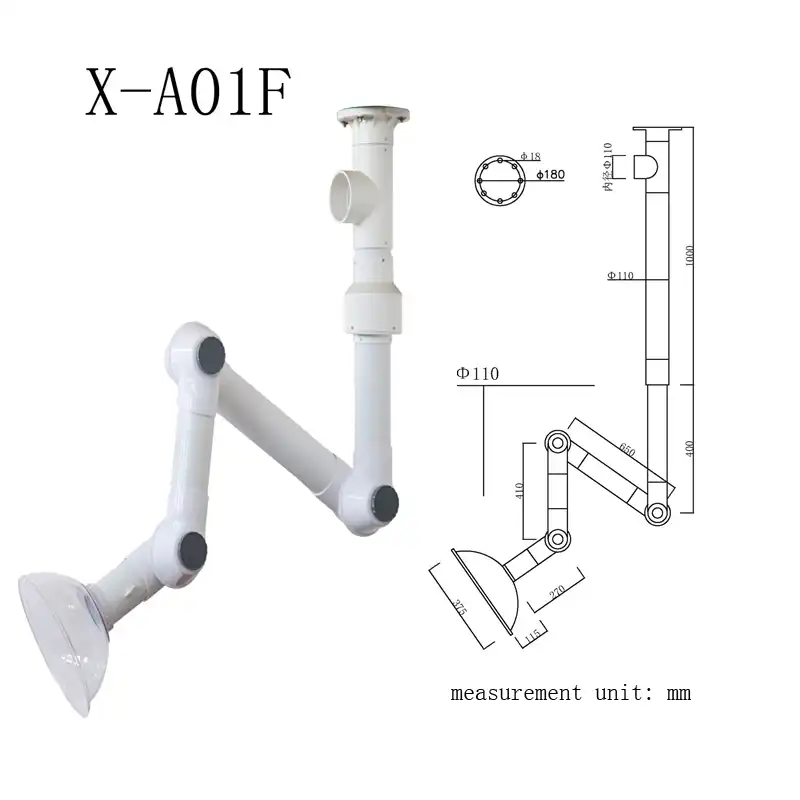 What sizes do fume extractor arms with PP and aluminum alloy come in?